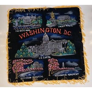 Vintage Washington DC Souvenir Black Velvet Yellow Glittery Fringe Tapestry Art